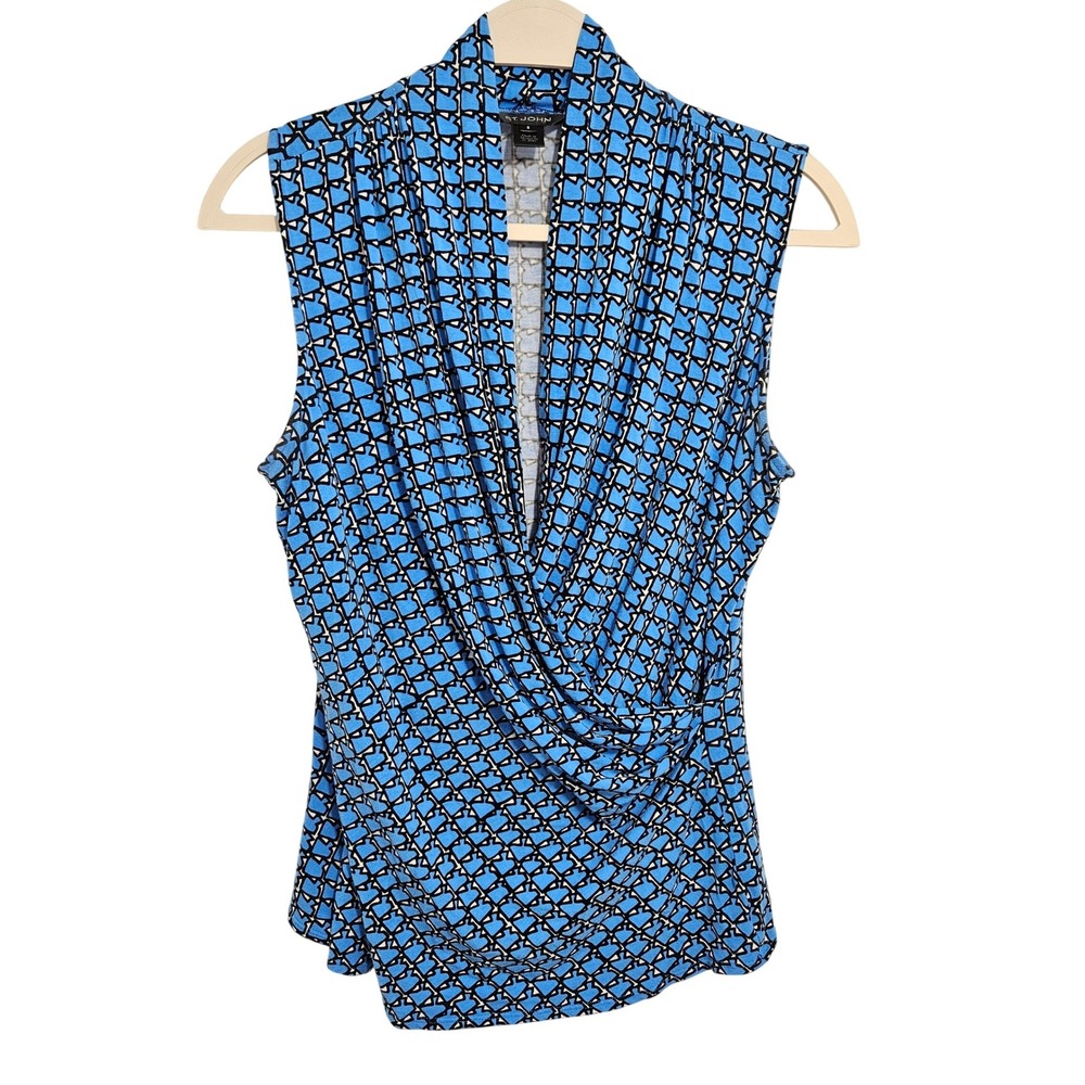 St. John Sleeveless Draped Wrap Top Lightweight Chic Coastal Preppy Blue S